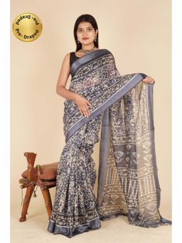 Isadora Life - Womens Printed Grey Pre-Draped Saree with Unstitched Blouse