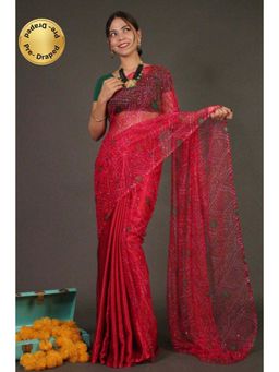 Isadora Life - Womens Bandhani Printed Red Pre-Draped Saree with Unstitched Blouse