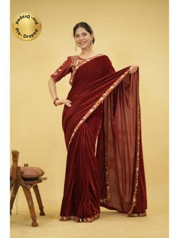 Isadora Life - Womens Solid Embroidered Brown Pre-Draped Saree with Unstitched Blouse