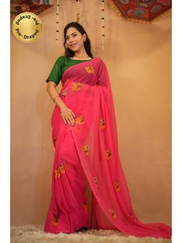 Isadora Life - Womens Embroidered Thread Work Pink Pre-Draped Saree with Unstitched Blouse