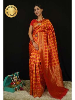 Isadora Life - Womens Printed Orange Pre-Draped Saree with Unstitched Blouse