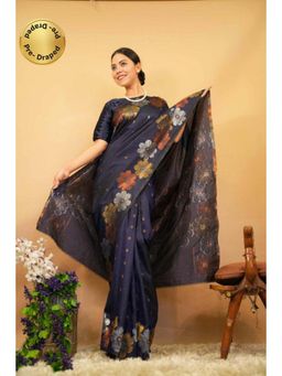 Isadora Life - Womens Floral Woven Navy Blue Pre-Draped Saree with Unstitched Blouse
