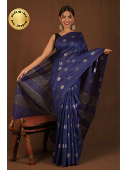 Isadora Life - Womens Woven Zari Navy Blue Pre-Draped Saree with Unstitched Blouse