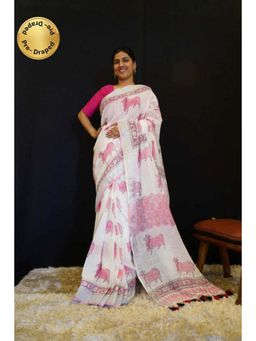 Isadora Life - Womens Printed Tassels White Pre-Draped Saree with Unstitched Blouse
