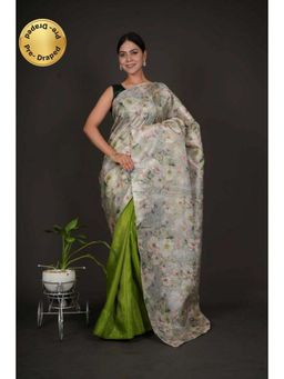 Isadora Life - Womens Floral Embroidered Green Pre-Draped Saree with Unstitched Blouse