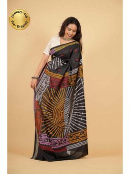 Isadora Life - Womens Printed Black Pre-Draped Saree with Unstitched Blouse