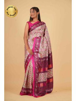 Isadora Life - Womens Floral Printed Cream Pre-Draped Saree with Unstitched Blouse