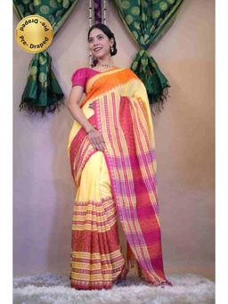 Isadora Life - Womens Stripes Tassels Yellow Pre-Draped Saree with Unstitched Blouse