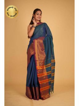 Isadora Life - Womens Stripes Woven Teal Pre-Draped Saree with Unstitched Blouse