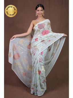 Isadora Life - Womens Sequined Embroidered Blue Pre-Draped Saree with Unstitched Blouse
