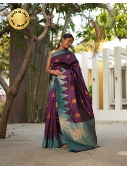Isadora Life - Womens Woven Zari Purple Pre-Draped Saree with Unstitched Blouse