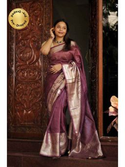 Isadora Life - Womens Woven Zari Purple Pre-Draped Saree with Unstitched Blouse