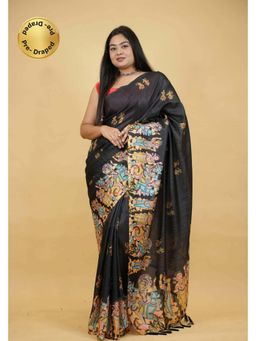 Isadora Life - Black Printed Pre-draped Saree With Unstitched Blouse