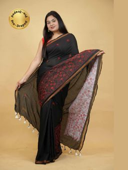 Isadora Life - Black Embroidered Pre-draped Saree With Unstitched Blouse