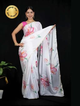 Isadora Life - White Floral Pre-draped Saree With Unstitched Blouse