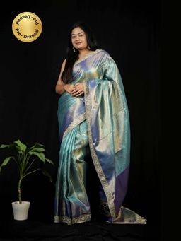 Isadora Life - Green Floral Pre-draped Saree With Unstitched Blouse