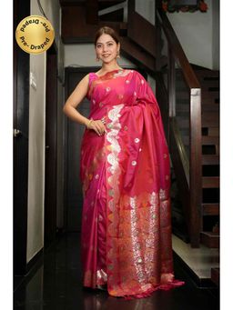 Isadora Life - Red Solid/Plain Pre-draped Saree With Unstitched Blouse