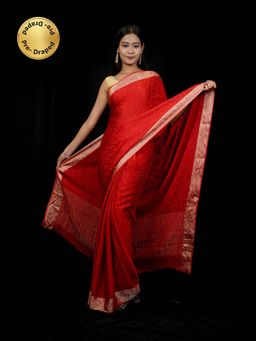 Isadora Life - Red Woven Pre-draped Saree With Unstitched Blouse