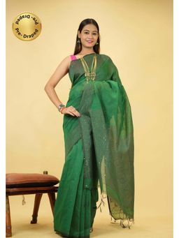 Isadora Life - Green Embellished/Sequined Pre-draped Saree With Unstitched Blouse