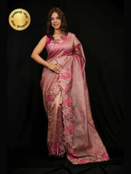 Isadora Life - Peach Embroidered Pre-Draped Saree with Unstitched Blouse