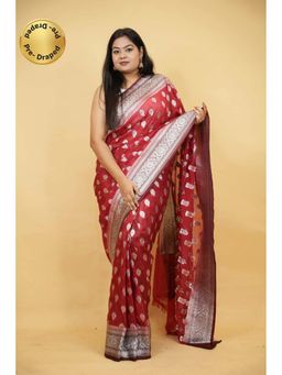 Isadora Life - Red Woven Pre-Draped Saree with Unstitched Blouse