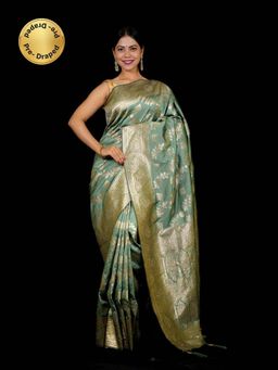 Isadora Life - Green Woven Pre-Draped Saree with Unstitched Blouse