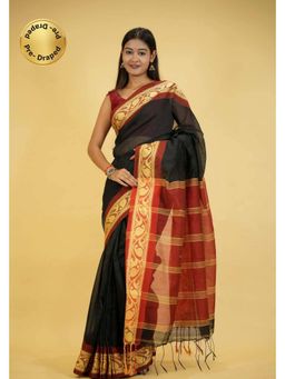 Isadora Life - Black Woven Pre-Draped Saree with Unstitched Blouse