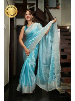 Isadora Life - Blue Embroidered Pre-Draped Saree with Unstitched Blouse