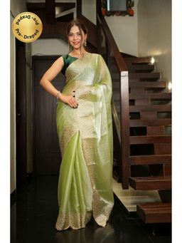 Isadora Life - Green Embroidered Pre-Draped Saree with Unstitched Blouse
