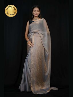 Isadora Life - Grey Solid Pre-Draped Saree with Unstitched Blouse