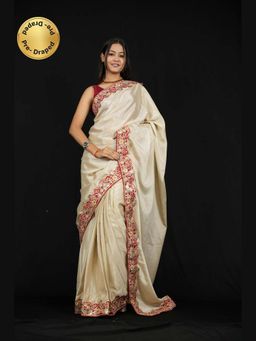 Isadora Life - Beige Embroidered Pre-Draped Saree with Unstitched Blouse