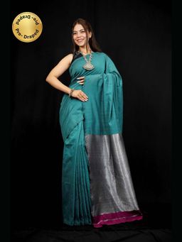 Isadora Life - Teal Colorblock Pre-Draped Saree with Unstitched Blouse