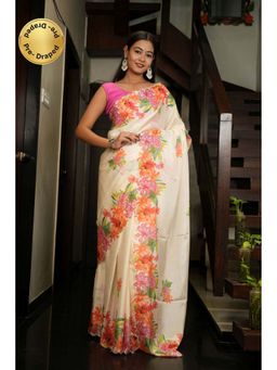 Isadora Life - Beige Floral Pre-Draped Saree with Unstitched Blouse