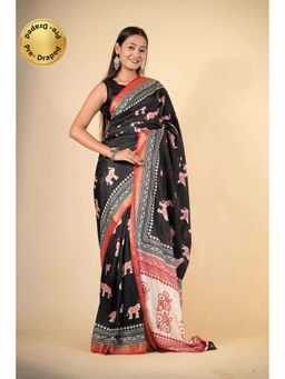Isadora Life - Black Printed Pre-Draped Saree with Unstitched Blouse
