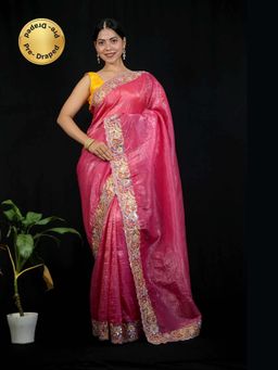 Isadora Life - Pink Floral Pre-Draped Saree with Unstitched Blouse