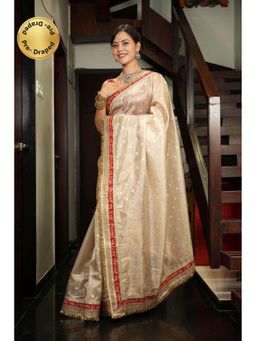 Isadora Life - Beige Woven Pre-Draped Saree with Unstitched Blouse