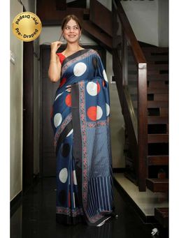 Isadora Life - Blue Printed Pre-Draped Saree with Unstitched Blouse