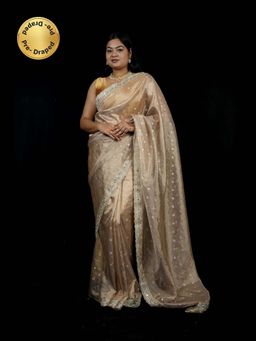 Isadora Life - Gold Embroidered Pre-Draped Saree with Unstitched Blouse