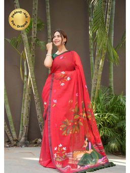 Isadora Life - Red Floral Pre-Draped Saree with Unstitched Blouse