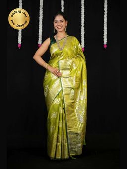 Isadora Life - Green Floral Pre-Draped Saree with Unstitched Blouse