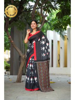 Isadora Life - Black Printed Pre-Draped Saree with Unstitched Blouse