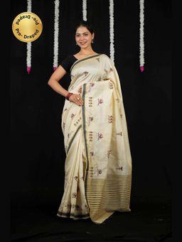 Isadora Life - Beige Embroidered Pre-Draped Saree with Unstitched Blouse