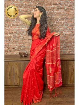Isadora Life - Red Woven Pre-Draped Saree with Unstitched Blouse