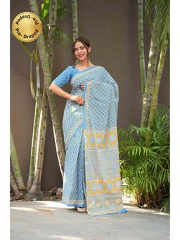 Isadora Life - Blue Floral Pre-Draped Saree with Unstitched Blouse