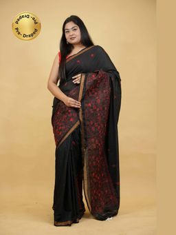 Isadora Life - Black Embroidered Pre-Draped Saree with Unstitched Blouse
