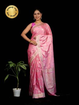 Isadora Life - Pink Floral Pre-Draped Saree with Unstitched Blouse
