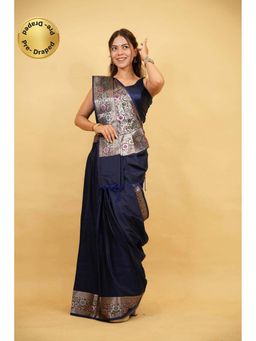 Isadora Life - Blue Floral Pre-Draped Saree with Unstitched Blouse
