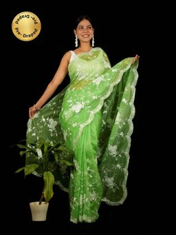 Isadora Life - Green Floral Pre-Draped Saree with Unstitched Blouse