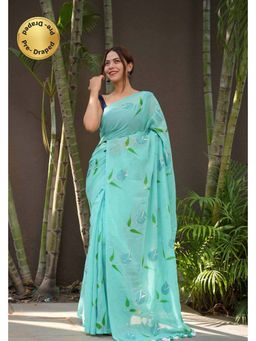 Isadora Life - Blue Floral Pre-Draped Saree with Unstitched Blouse