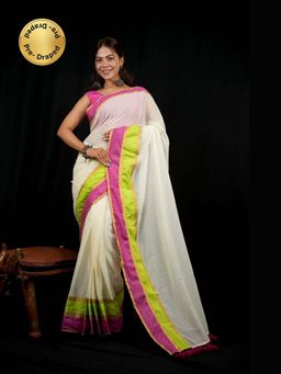 Isadora Life - White Stripes Pre-Draped Saree with Unstitched Blouse